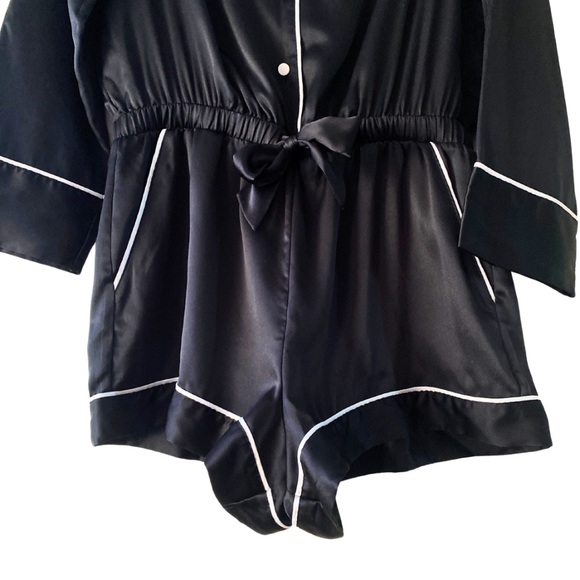Victorias Secret Satin Sleep Romper Black Long Sleeve Bling Trim Size Small Glam - Picture 6 of 9
